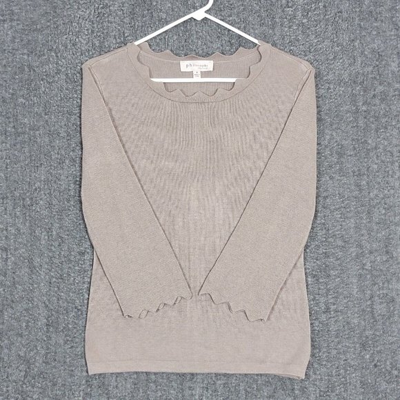 Philosophy Sweater Womens Small Taupe Brown Knit 3/4 Sleeve Scalloped Pullover - Picture 1 of 14